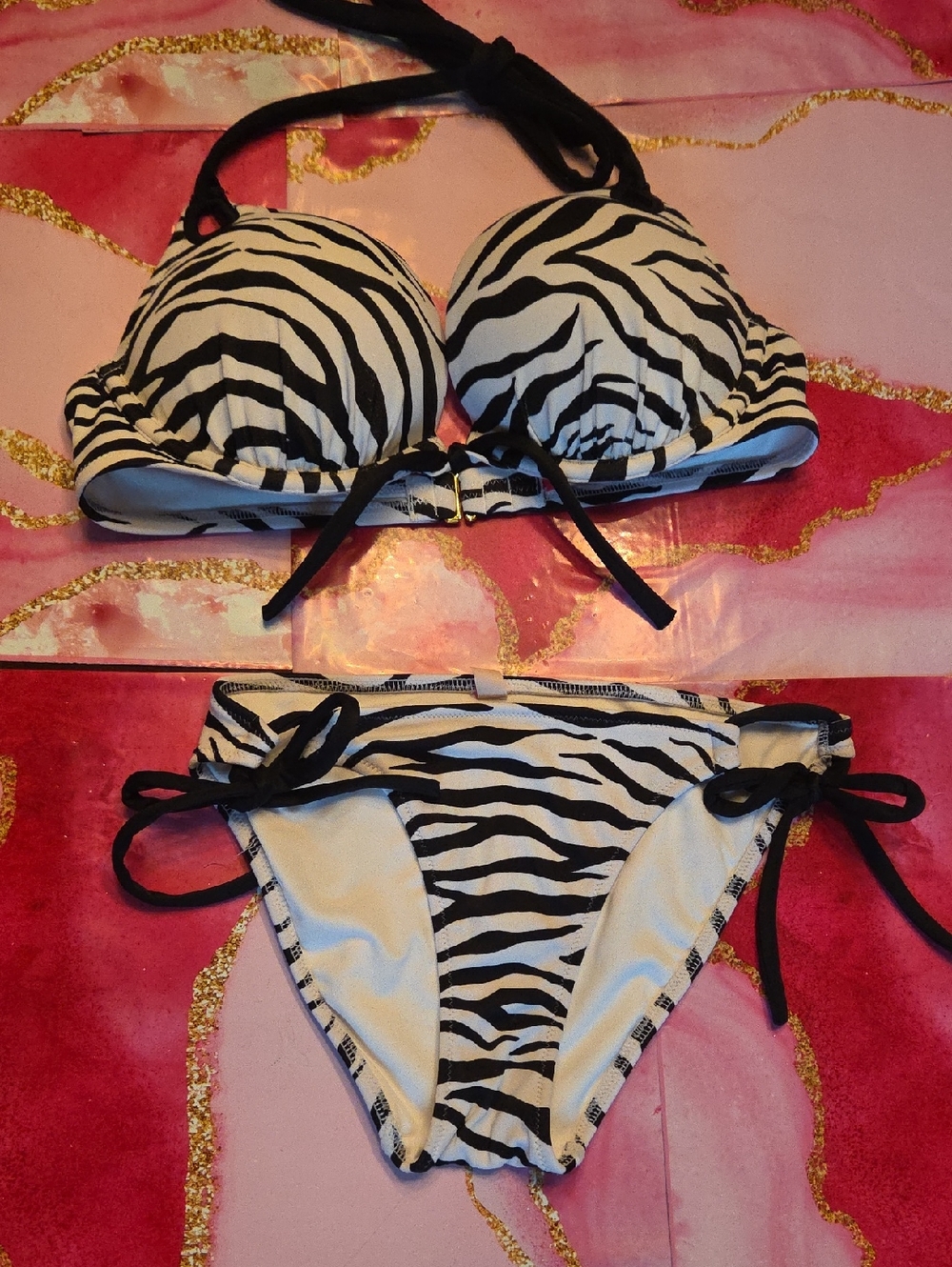 Zebra Print Tie Bikini Set - Black & White